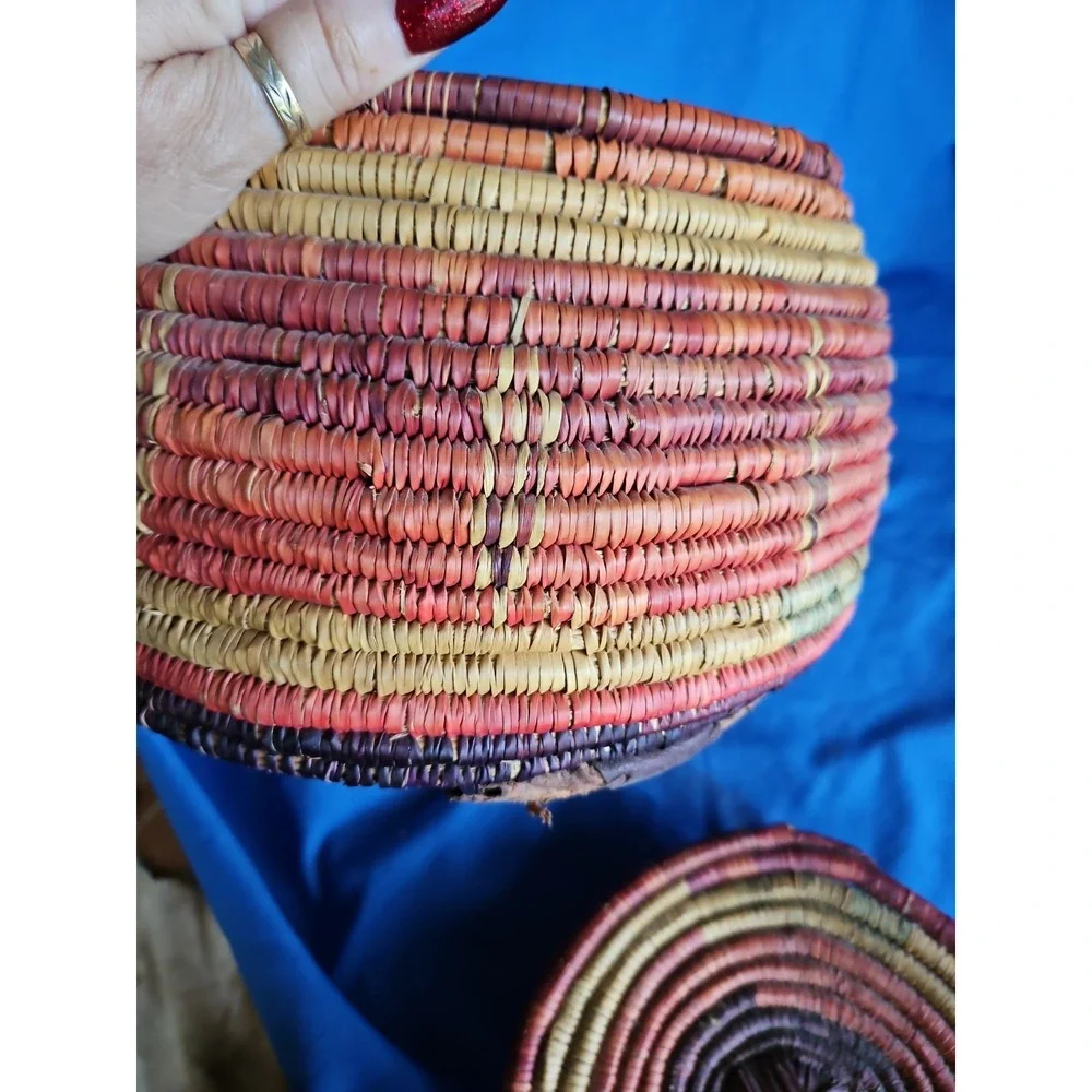 Handwoven Coiled Basket Lidded Storage Rustic Primitive Leather Polychrome 10